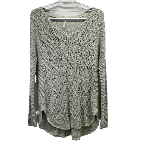Free People Sweaters - Free People Cotton Oversized Distressed Taupe Cable Knit V Neck Sweater Large